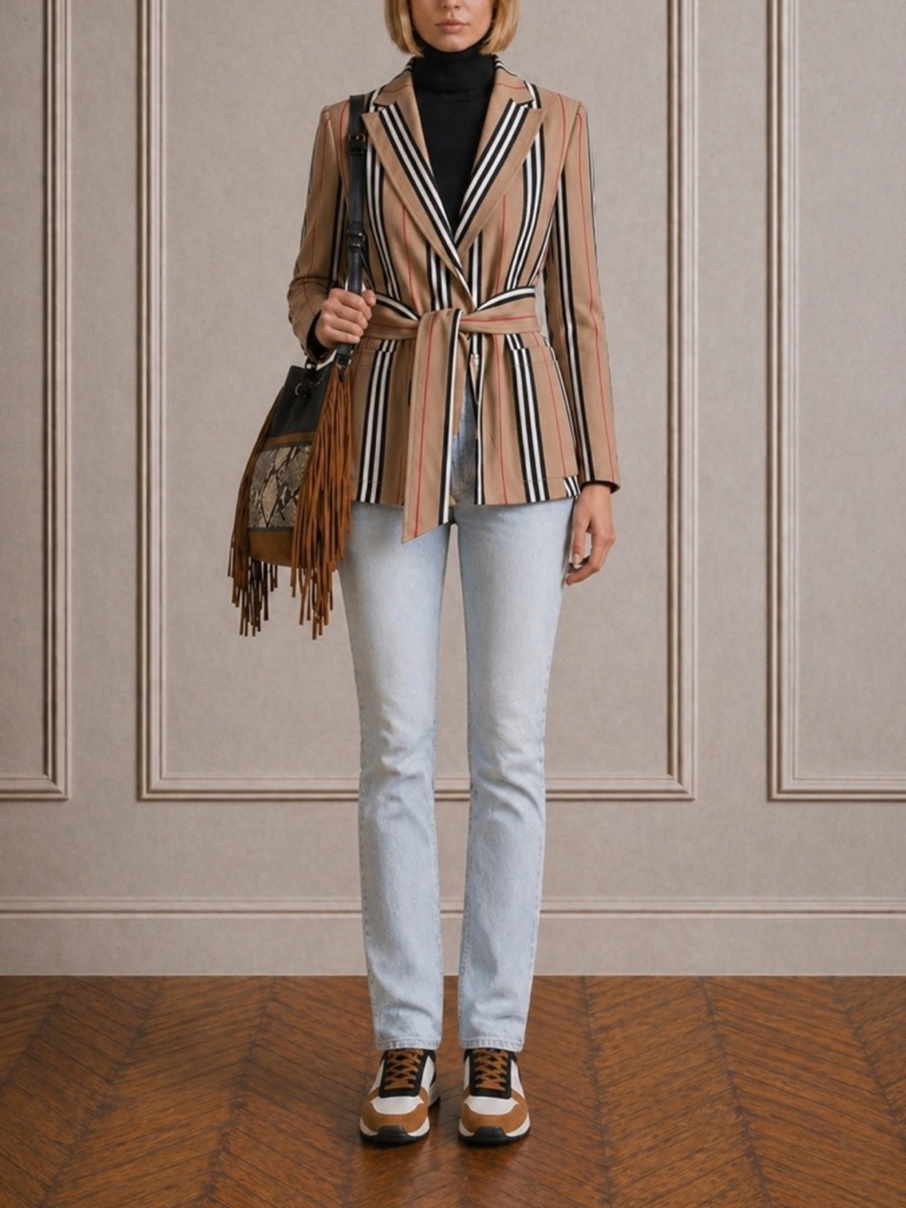 🎁New Authentic Burberry fitted belted lana wool blazer jacket stripe print 8 S M